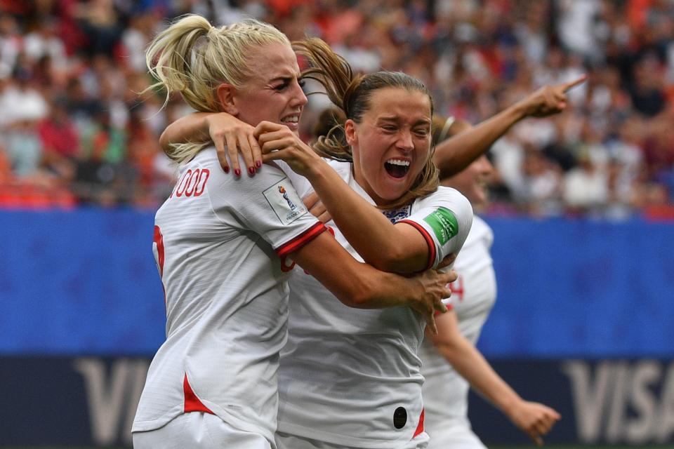 Alex Greenwood celebrates scoring England's third goal. (Credit: Getty Images)