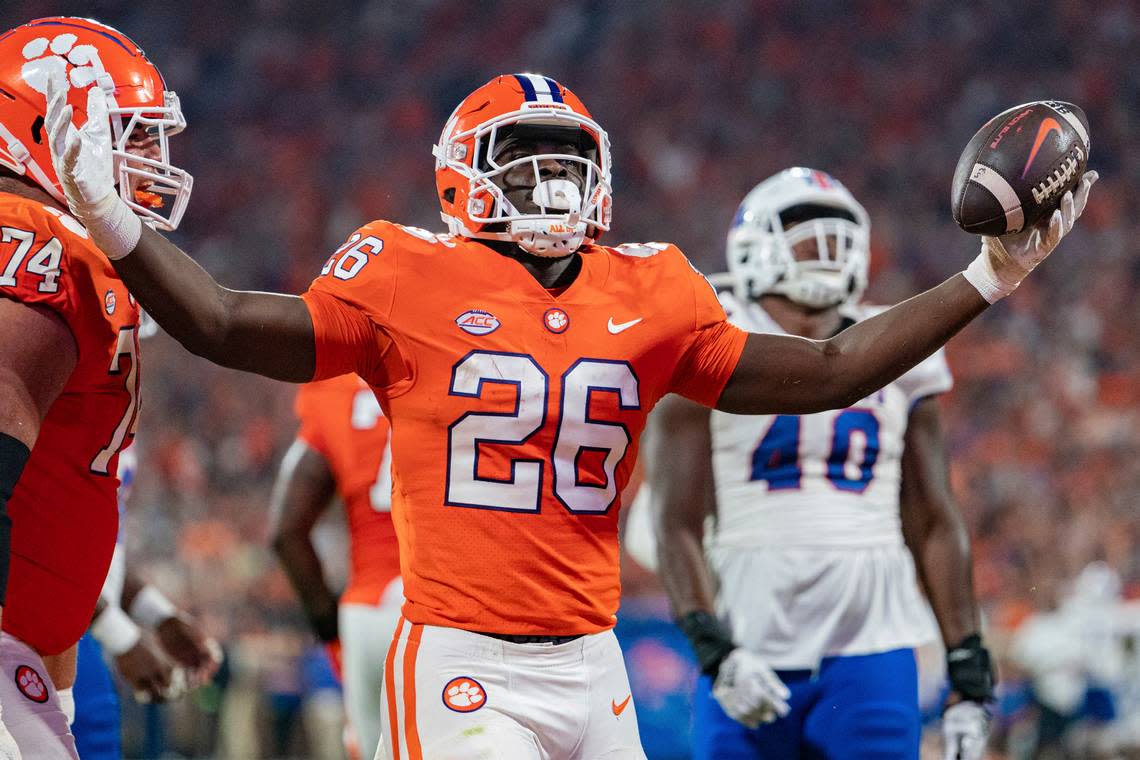 Clemson running back Phil Mafah (26) reacts after scoring a touchdown against Louisiana Tech during the second half of an NCAA college football game Saturday, Sept. 17, 2022, in Clemson, S.C. (AP Photo/Jacob Kupferman)