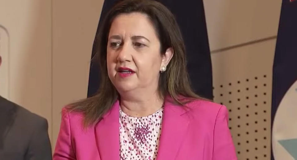 Annastacia Palaszczuk at her Thursday Covid press conference as she clashed with Sunrise reporter Bianca Stone.