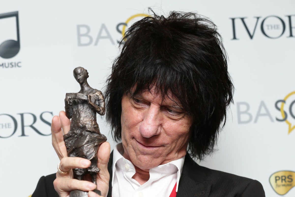 Jeff Beck with his Outstanding Contribution to British Music award, at the 59th annual Ivor Novello Awards, at Grosvenor House, London. (PA Archive)