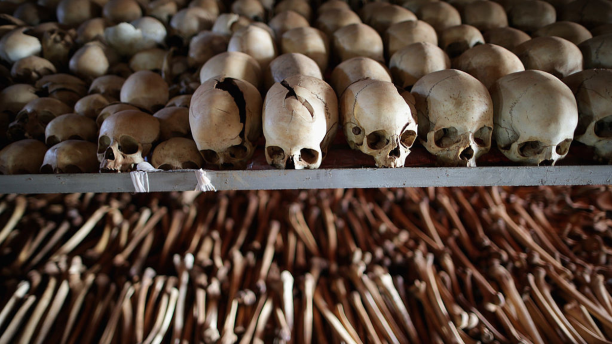  Skeletal remains at the Ntarama Catholic Church genocide memorial. 