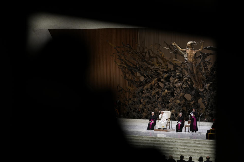 Pope Francis attends his weekly general audience in the Paul VI Hall, at the Vatican, Wednesday, Feb. 28, 2024. (AP Photo/Andrew Medichini)