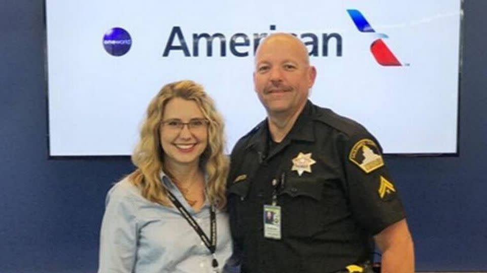 American Airlines employee Denice Miracle and Sacramento County Sheriff’s Department Deputy Todd Sanderson helped stop the teens from becoming victims of sex trafficking. Source: American Airlines