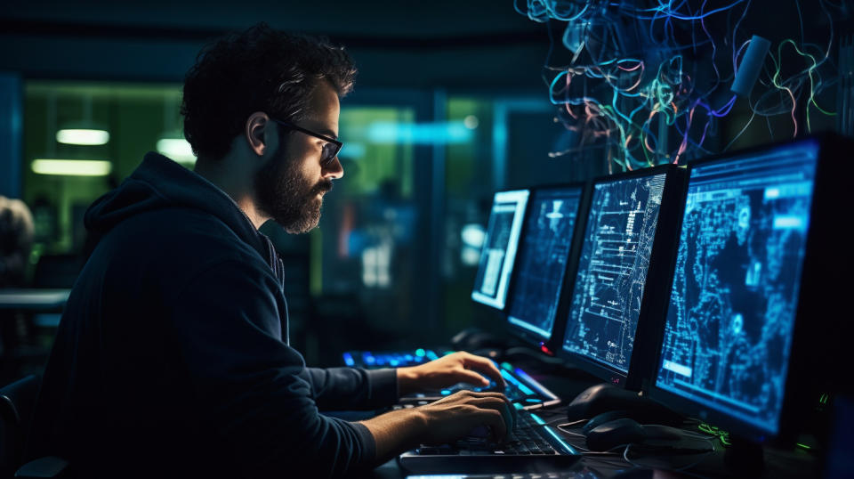 Highlighting the company's sector and industry, a technician working on a complex SaaS in a technology lab.