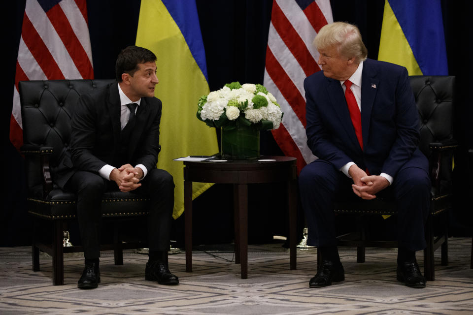 President Donald Trump meets with Ukrainian President Volodymyr Zelenskiy at the InterContinental Barclay New York hotel during the United Nations General Assembly, Wednesday, Sept. 25, 2019, in New York. (AP Photo/Evan Vucci)