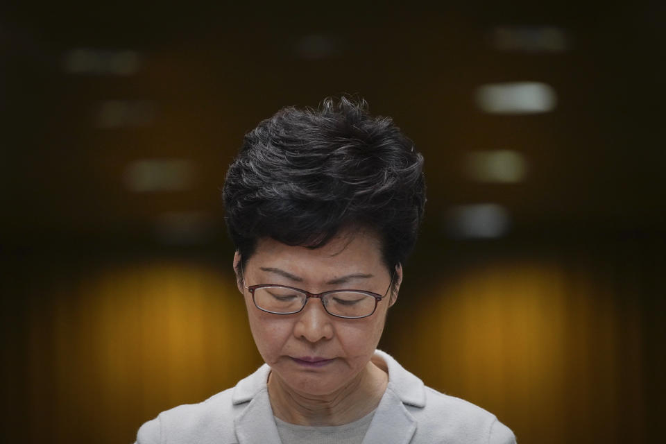 Hong Kong Chief Executive Carrie Lam reacts during a press conference in Hong Kong, Tuesday, Nov. 26, 2019. Lam has refused to offer any concessions to anti-government protesters after a local election setback. (AP Photo/Vincent Yu)