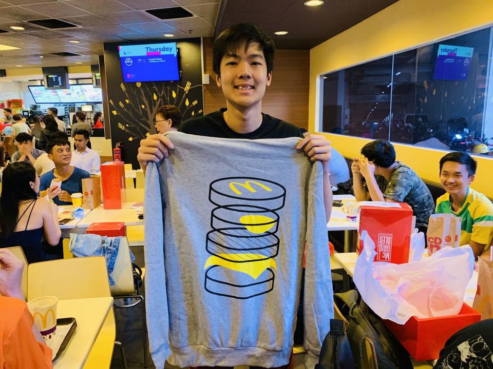 Student Yu Zheng Heng with his limited edition McDonald’s hoodie (one of only 100) that came with a purchase of a Sausage McGriddles with Egg meal. (PHOTO: Yahoo Lifestyle Singapore/Teng Yong Ping)