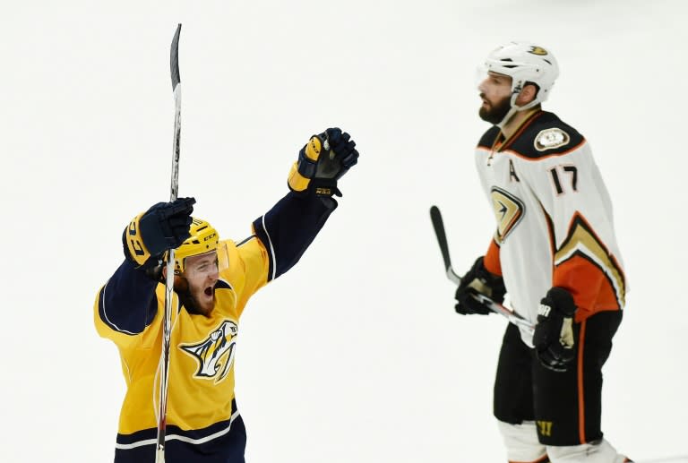 Colton Sissons of the Nashville Predators celebrates a third period goal in Game Six of the NHL Western Conference finals against the Anaheim Ducks, at Bridgestone Arena in Nashville, Tennessee, on May 22, 2017