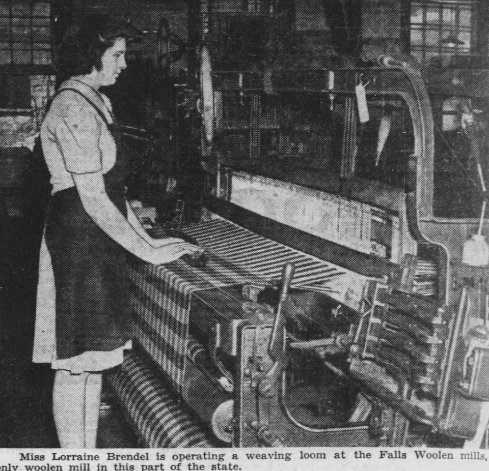 Lorraine Brendel operates a weaving loom at the Sheboygan Falls Woolen Mills in this Sheboygan Press photo from 1942.
