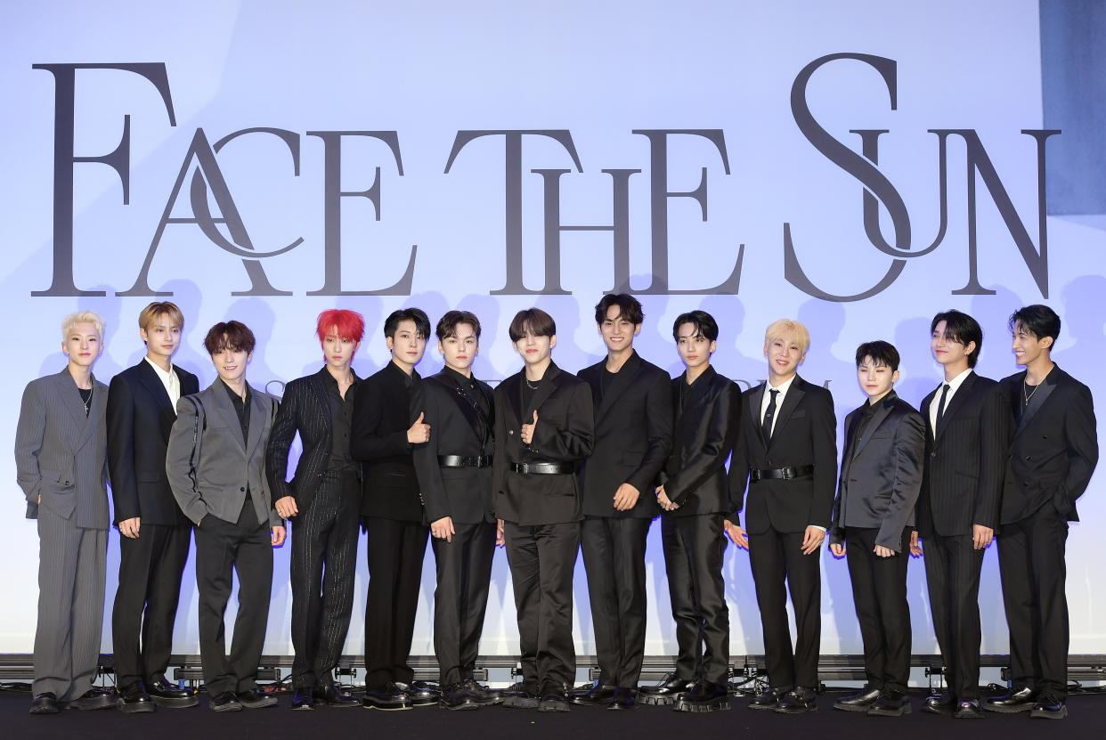 SEOUL, SOUTH KOREA - MAY 27: SEVENTEEN attends SEVENTEEN's 4th Album 'Face the Sun' Release Press Conference at Conrad Seoul Grand Ballroom on May 27, 2022 in Seoul, South Korea. (Photo by The Chosunilbo JNS/Imazins via Getty Images)