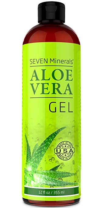 a bottle of seven minerals aloe vera gel on a white background