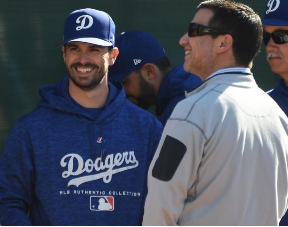 Brandon Gomes, left,, along with Los Angeles Dodgers President of Baseball Operations Andrew Friedman.