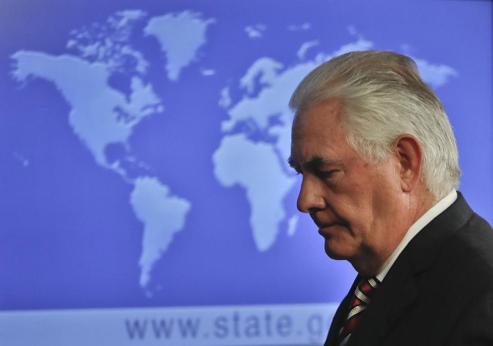 Secretary of State Rex Tillerson leaves after speaking at the State Department: AP