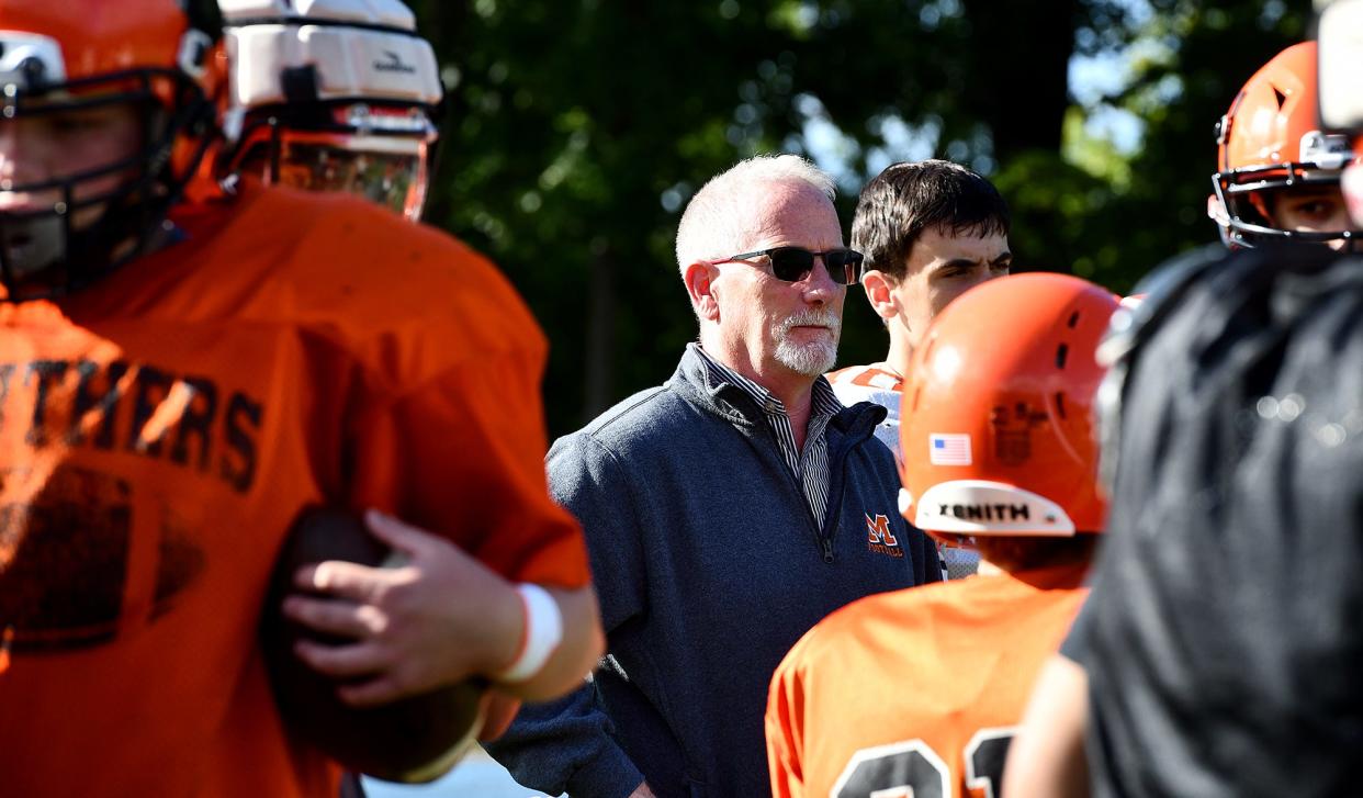 Marlborough football coach Sean Mahoney watches practice before the Panthers took on Grafton last season.