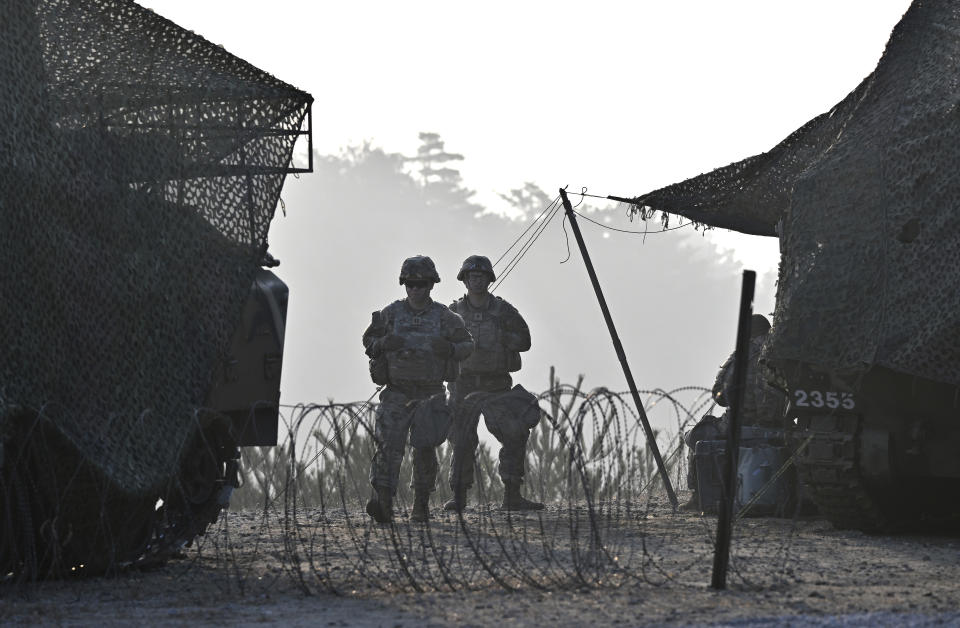 U.S. soldiers participate in a joint live fire exercise at a military training field in Pocheon, South Korea Thursday, March 14, 2024 as part of the annual Freedom Shield joint military exercise between South Korea and the United States. (Jung Yeon-je/Pool Photo via AP)