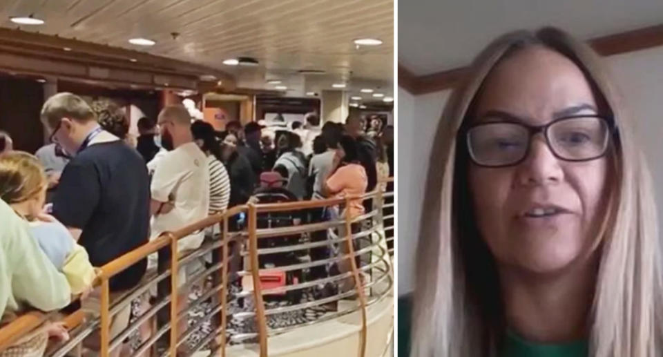 Left, passengers line up. Right, Aroha Cockburn speaks to camera with her hair down and while wearing glasses. 