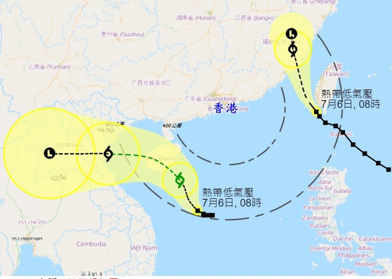 兩個熱帶氣旋的移動路徑。