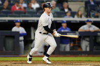 New York Yankees Clint Frazier watches his two-run double during the fourth inning of a baseball gam against the Kansas City Royals, Wednesday, June 23, 2021, at Yankee Stadium in New York. (AP Photo/Kathy Willens)