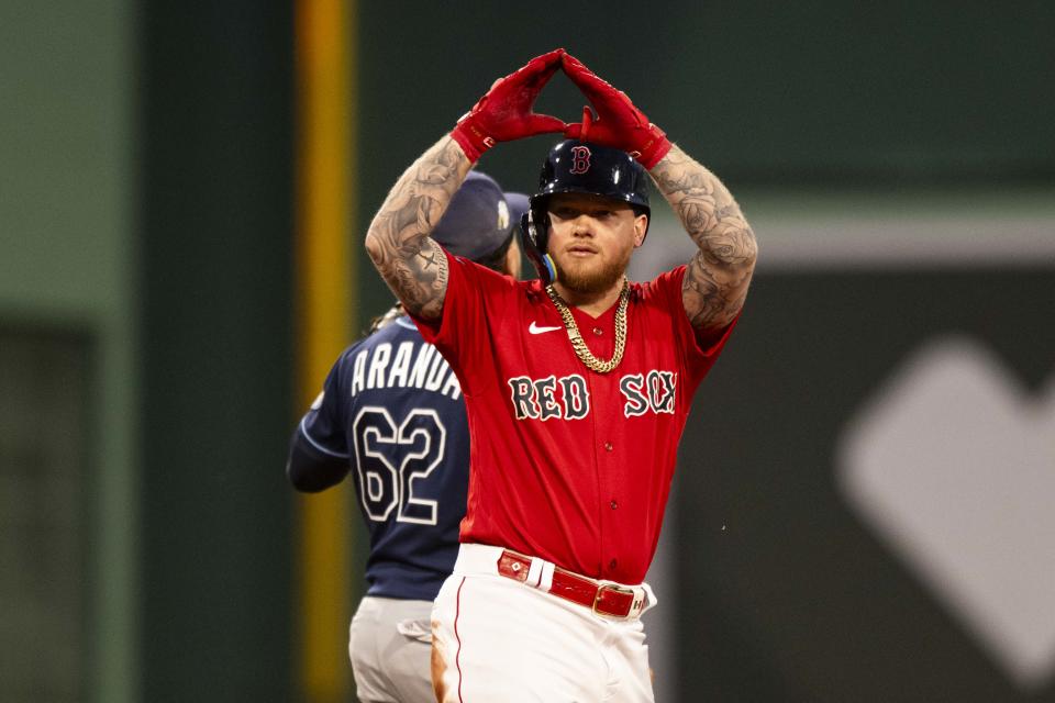 BOSTON, MA - SEPTEMBER 27: Alex Verdugo #99 of the Boston Red Sox gestures after hitting a double in the third inning against the Tampa Bay Rays on September 27, 2023 at Fenway Park in Boston, Massachusetts. (Photo by Billie Weiss/Boston Red Sox/Getty Images)