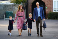 <p>Princess Charlotte on her first day of school, with her brother Prince George and her parents the Duke and Duchess of Cambridge, at Thomas's Battersea in 2019. (Aaron Chown - WPA Pool/Getty Images)</p> 