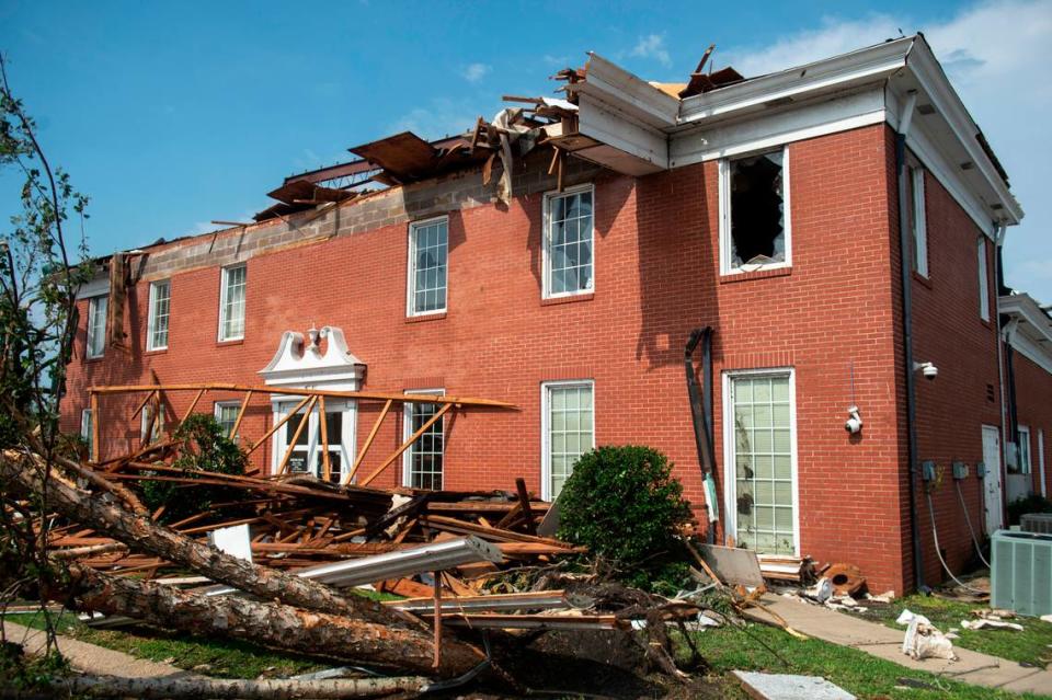 The damage outside of Merchants and Marine Bank in Moss Point on Tuesday, June 20, 2023, after a tornado damaged the building on Monday, trapping workers inside the building.
