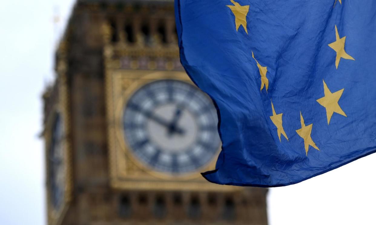<span>The EU flag flutters outside the parliament in London, Britain, on 26 February 2023. </span><span>Photograph: Andy Rain/EPA</span>