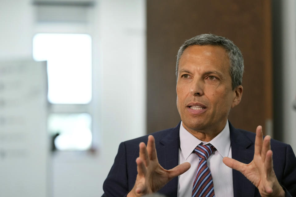 Superintendent of Schools Joel Herbst speaks during an interview, Monday, April 15, 2024, at A.D. Henderson School in Boca Raton, Fla. (AP Photo/Wilfredo Lee)