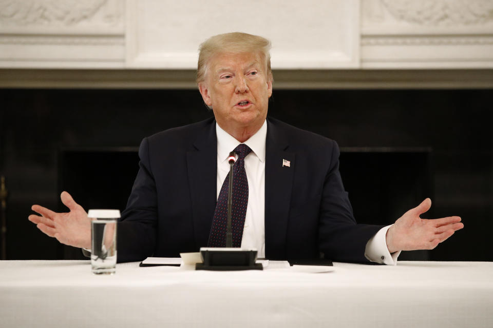 President Donald Trump speaks during a roundtable discussion with law enforcement officials, Monday, June 8, 2020, at the White House in Washington. (AP Photo/Patrick Semansky)