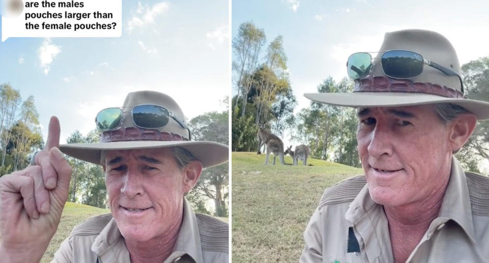 Croc Turnbull points to a kangaroo in a TikTok video. 