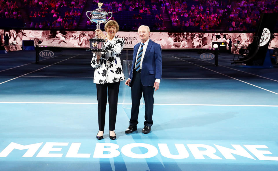 Margaret Court, pictured here alongside Rod Laver at the Australian Open in 2020.