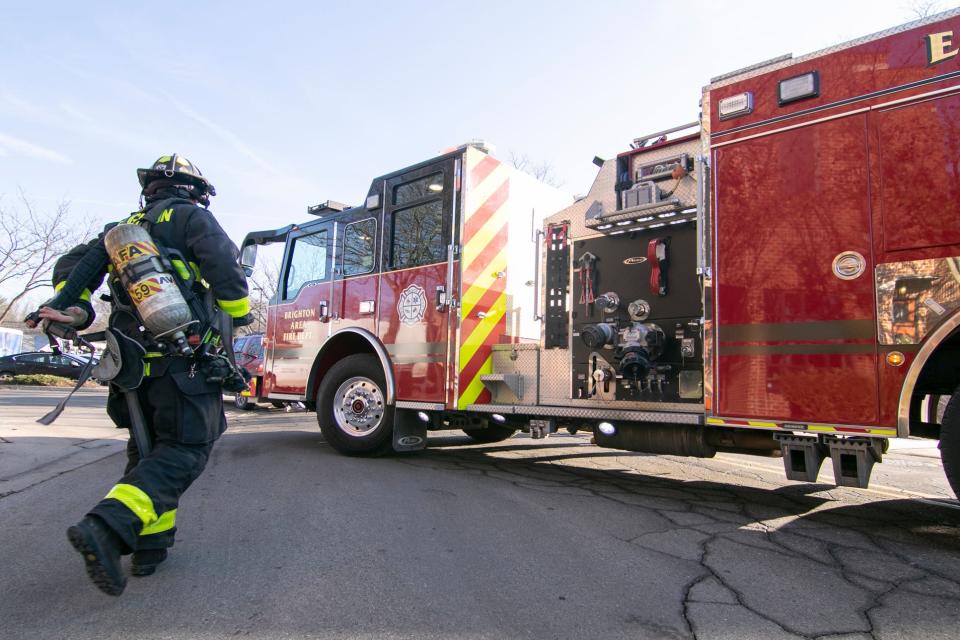 Brighton Area Fire has blocked off East Street as they investigate a gas leak in the block from Grand River to East North Street and from Main to South East Street Wednesday, Nov. 23, 2022.