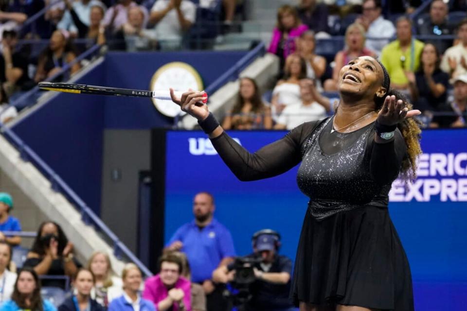 Serena Williams, of the United States, reacts during a match against Anett Kontaveit, of Estonia, at the second round of the U.S. Open tennis championships, Wednesday, Aug. 31, 2022, in New York. (AP Photo/John Minchillo)