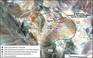 Plan map showing completed and active drill holes from the ongoing 2022/2023 drill program as well as ALD-22-220 and ALD-22-221 from the 2021/2022 drill program