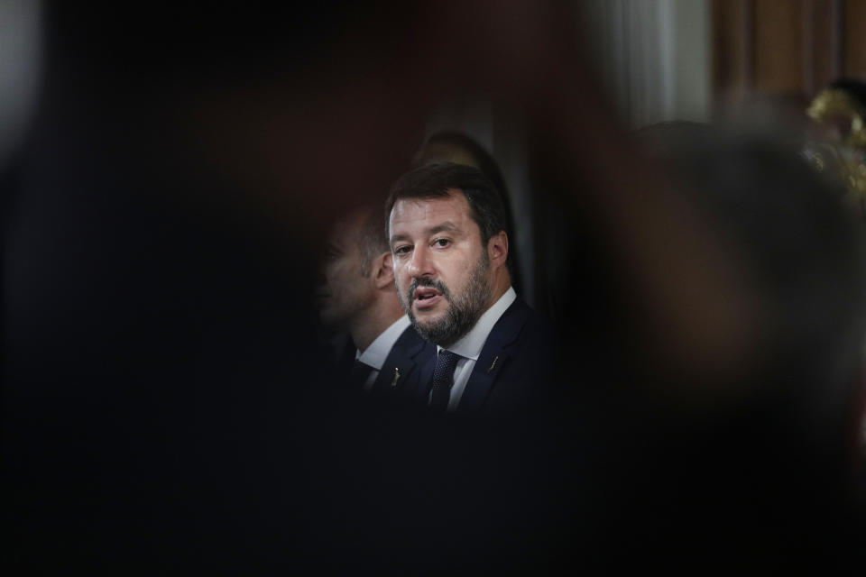 The League party leader Matteo Salvini talks to journalists after meeting with Italian President Sergio Mattarella at Rome's Quirinale presidential palace, Wednesday, Aug. 28, 2019. Mattarella continued receiving political leaders to explore if a solid majority with staying power exists in Parliament for a new government that could win the required confidence vote. (AP Photo/Andrew Medichini)