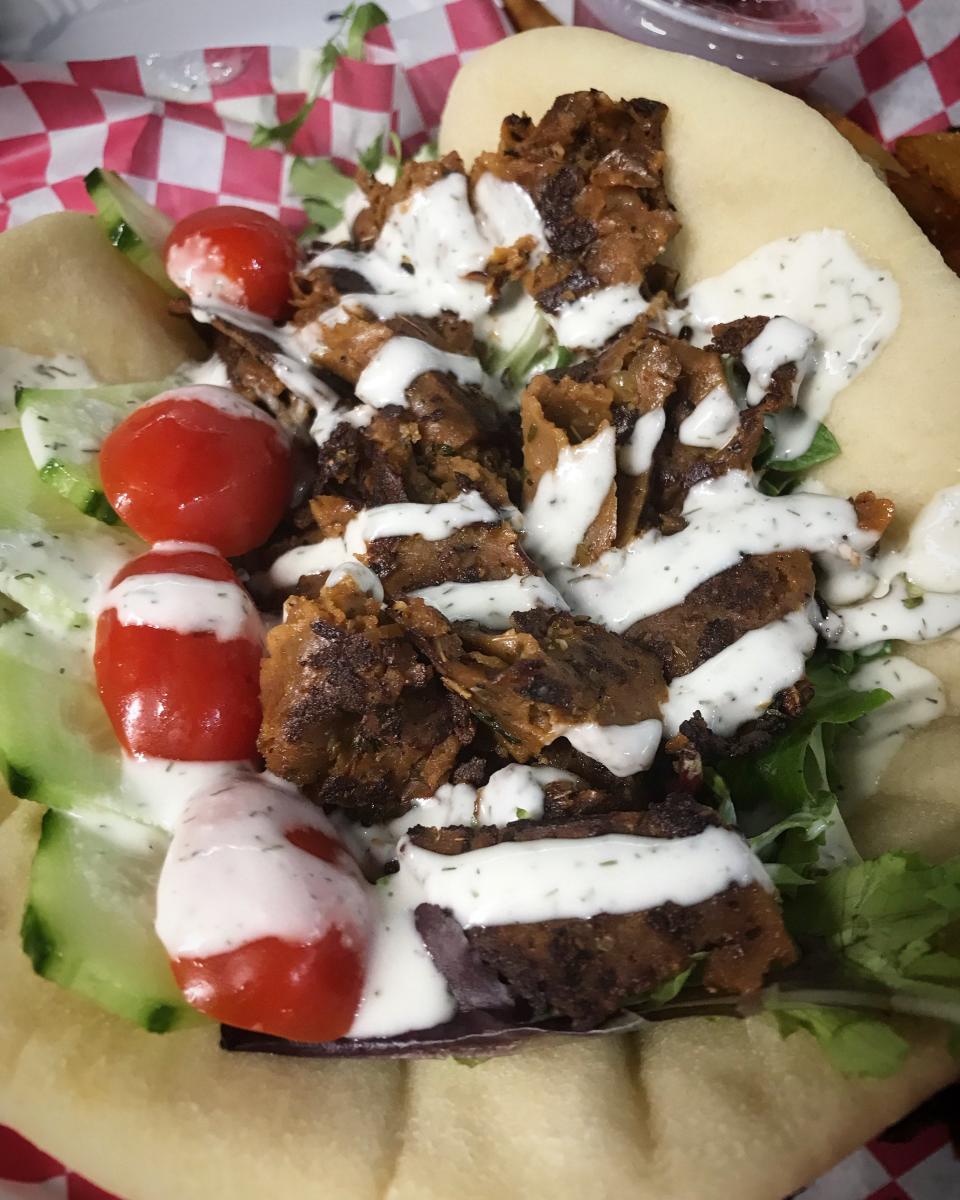 The Town Gyro is a vegan dish offered at The Smokin’ Onion, a food truck in Asheville.