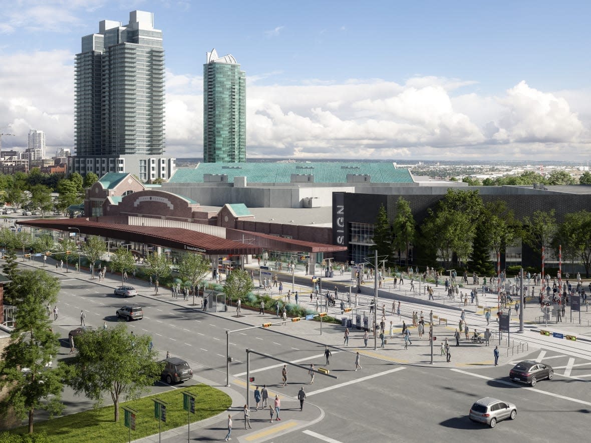 A major overhaul of the Victoria Park/Stampede LRT station and extension of 17th Avenue into the Stampede grounds are underway.  (CMLC - image credit)