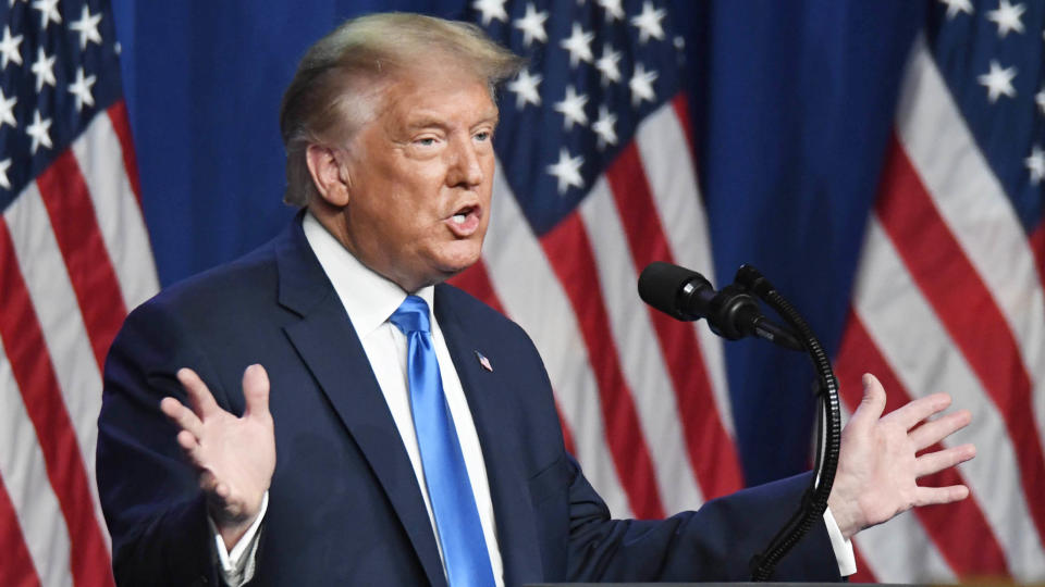 CHARLOTTE, NORTH CAROLINA - AUGUST 24: President Donald J. Trump addresses delegates on the first day of the Republican National Convention at the Charlotte Convention Center on August 24, 2020 in Charlotte, North Carolina. The four-day event is themed "Honoring the Great American Story." (Photo by David T. Foster III-Pool/Getty Images)