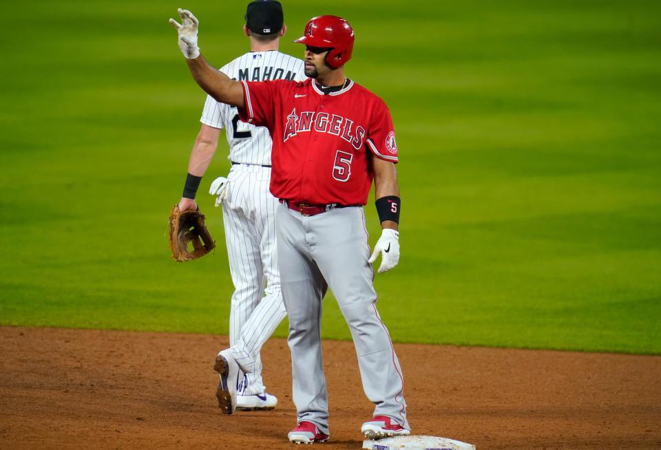 Albert Pujols, front, is in the final year of his 10-year deal with the Los Angeles Angels.