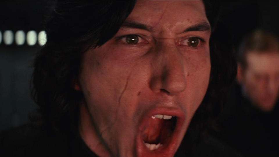 Adam Driver shouts out orders in a fit of rage in Star Wars: The Last Jedi.