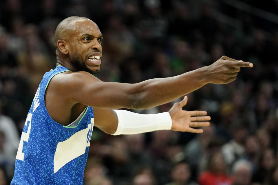 Milwaukee Bucks' Khris Middleton reacts to a call during the first half of an NBA basketball game against the Washington Wizards Friday, Nov. 24, 2023, in Milwaukee. (AP Photo/Aaron Gash)