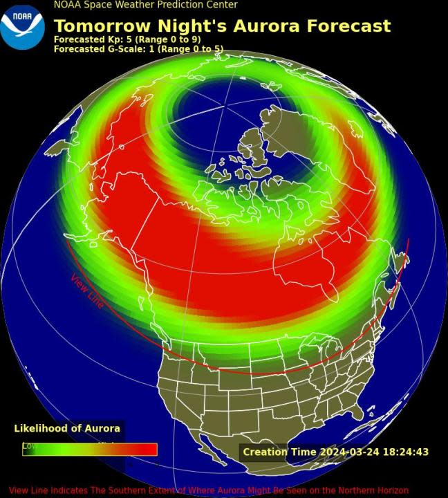 The aurora forecast for Mon., March 25, 2024, as of 2:30 p.m. ET on March 24. (NOAA SWPC)