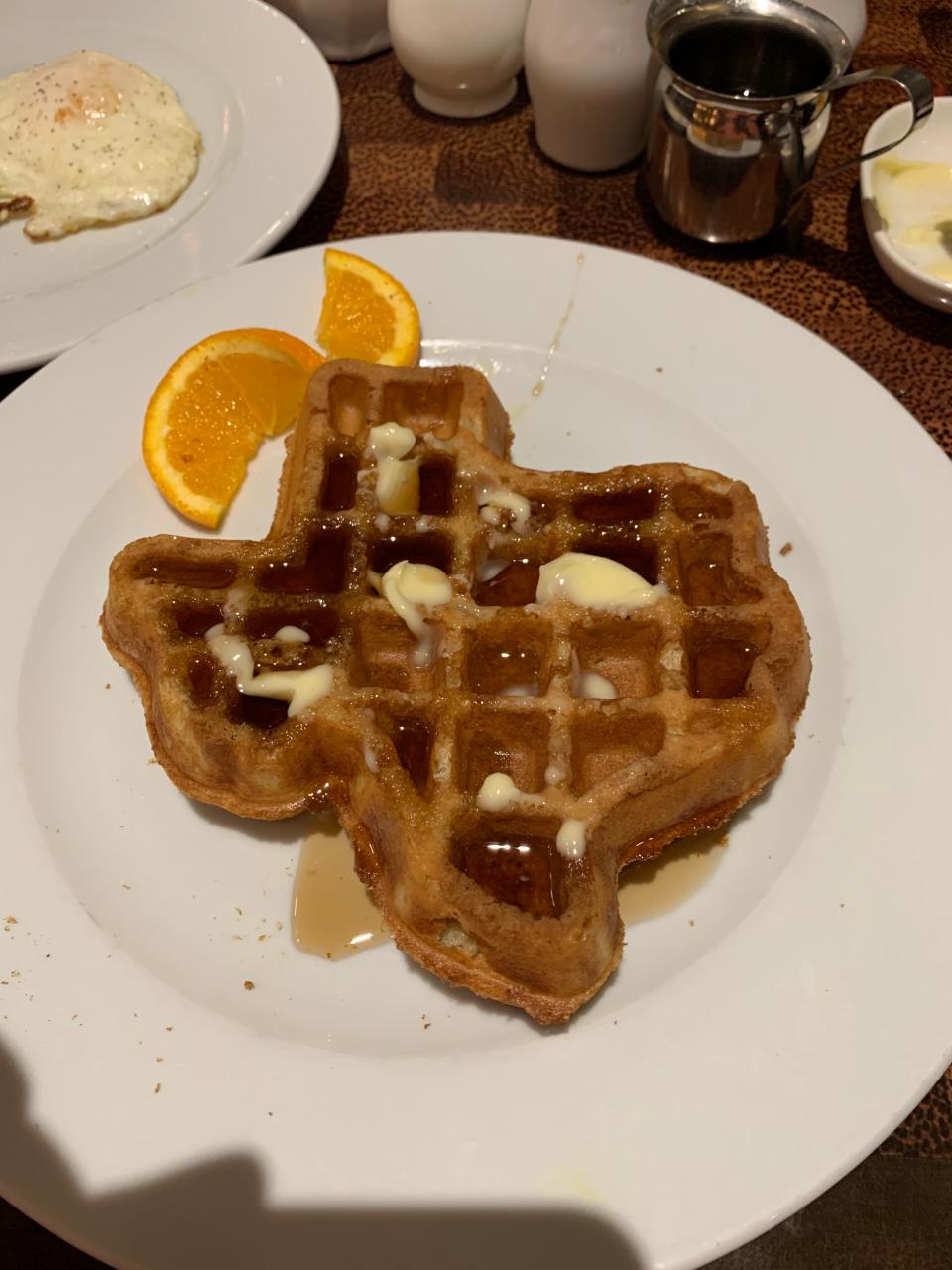 Of course Think, Texas columnist Michael Barnes had to order the Texas-shaped waffle at Pecan Grill in Lubbock.