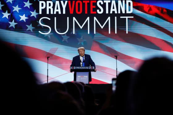 Former President Donald Trump speaks at the Pray Vote Stand Summit at the Omni Shoreham Hotel on September 15, 2023, in Washington, D.C.(Photo by Anna Moneymaker/Getty Images)