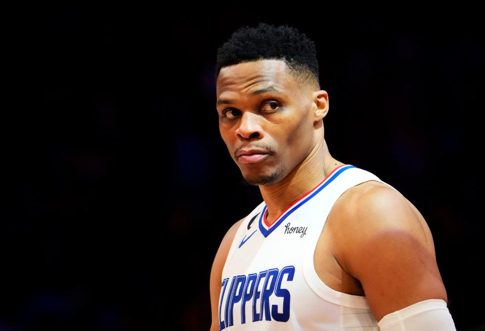 Los Angeles Clippers guard Russell Westbrook looks on as his team plays against the Phoenix Suns in the second half of Game 5 at Footprint Center in Phoenix on April 25, 2023.