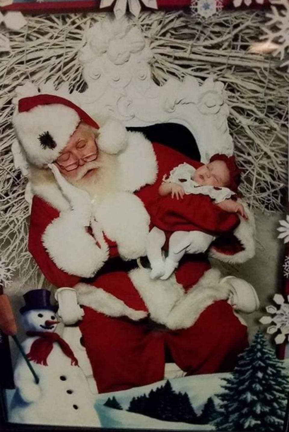 This pic is with the Jefferson Mall Santa. The sleeping baby is our granddaughter Tristen Jo. Tristen is now 17 years old. 