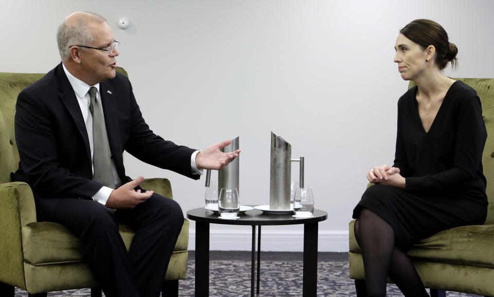 New Zealand Prime Minister Jacinda Ardern, right, listens to Australian Prime Minister Scott Morrison at a bilateral meeting following a national remembrance service for the victims of the March 15 mosques terrorist attack in Christchurch, New Zealand, Friday, March 29, 2019. (AP Photo/Mark Baker, Pool)
