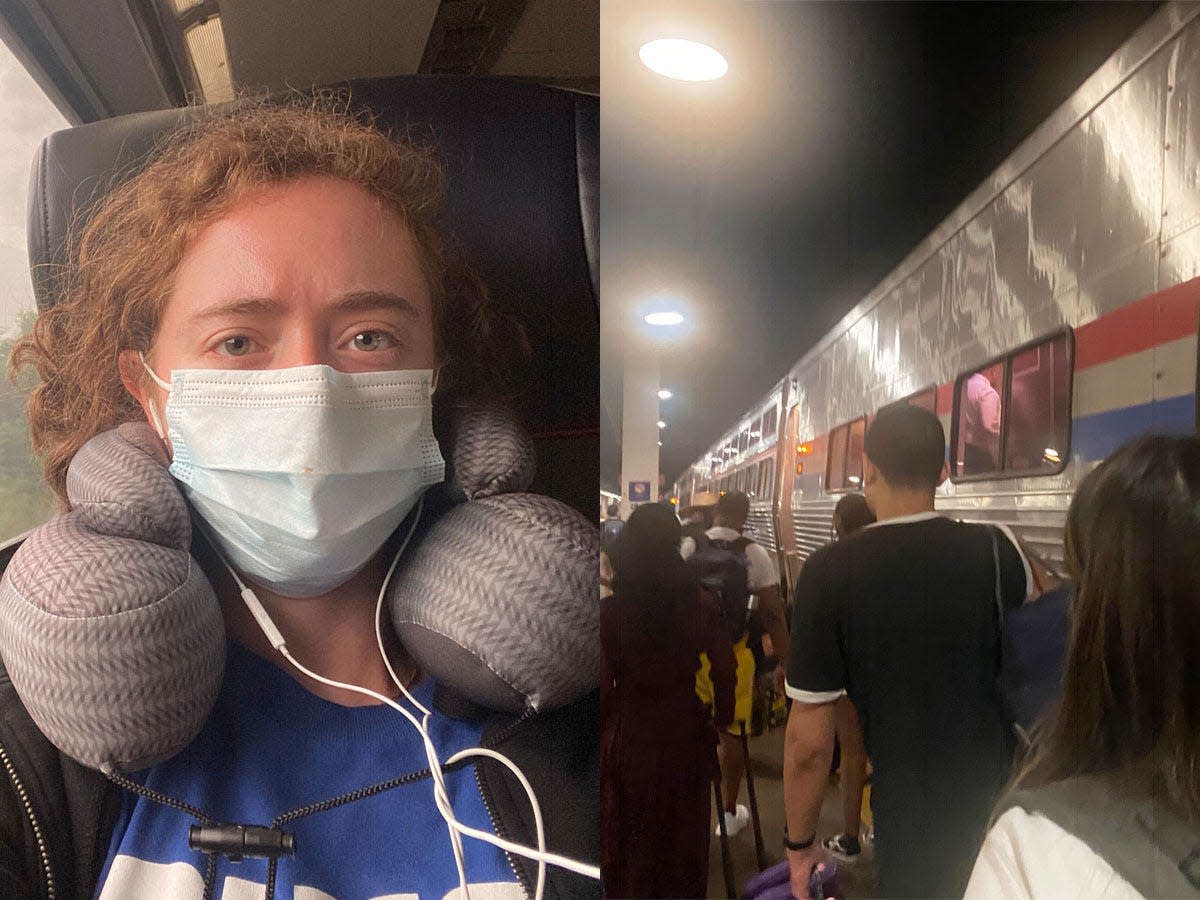 Jenny Silber selfie on train (left), people boarding amtrak (right)