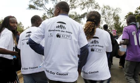 Members of the anti-gay caucus participate in a march against the lesbian, gay, bisexual, and transgender (LGBT) community along the streets in Kenya's capital Nairobi July 6, 2015. REUTERS/Thomas Mukoya