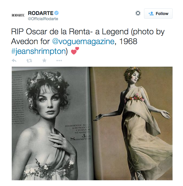 “RIP Oscar de la Renta- a Legend (photo by Avedon for @voguemagazine, 1968 #jeanshrimpton)”