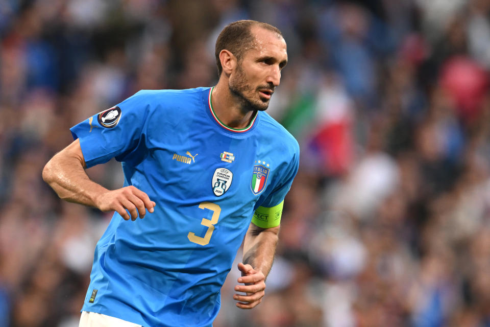 LONDON, ENGLAND - JUNE 01: Giorgio Chiellini of Italy looks on  during the 2022 Finalissima match between Italy and Argentina at Wembley Stadium on June 01, 2022 in London, England. (Photo by Claudio Villa/Getty Images)